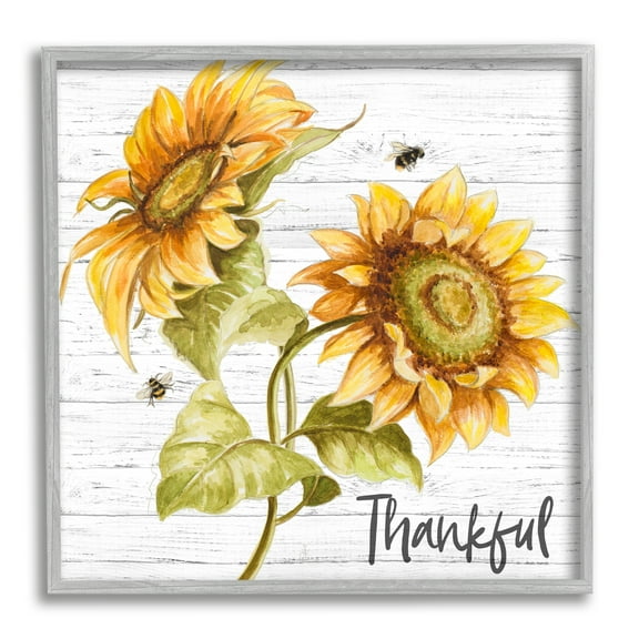 Stupell Industries Thankful Text Country Sunflowers Bumble Bees, 12 x 12,Design by Patricia Pinto