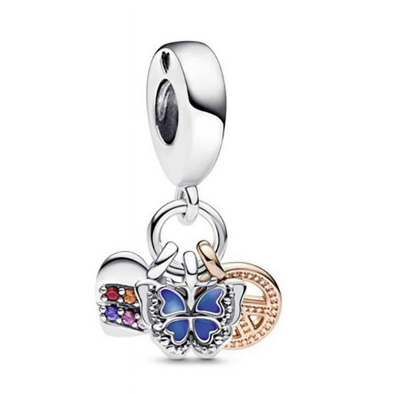 Pandora Two-Tone Rainbow Heart Butterfly & Peace Triple Dangle Charm