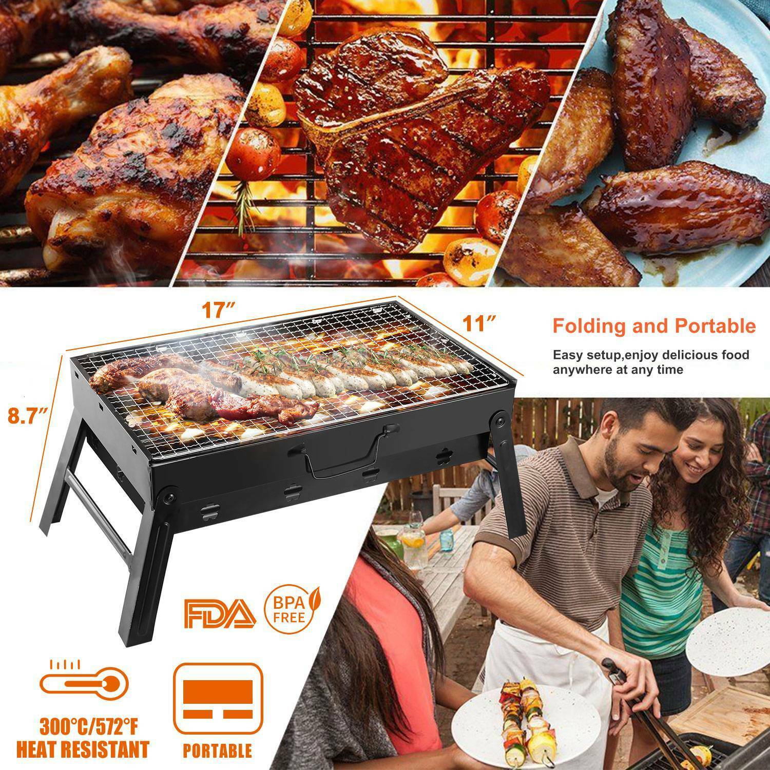 YouLoveIt Foldable BBQ Grill Camping Barbecue Smoker Portable Stainless Steel Smoker BBQ, Charcoal Grill for Picnic Garden Terrace Camping Travel, 17.7x11.0x8.7" - image 3 of 8