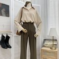 thumbnail image 3 of Camisa de gasa de moda coreana para mujer, cuello vuelto, manga larga, suelta, blusa de oficina de color liso que combina con todo para mujer, 3 of 6