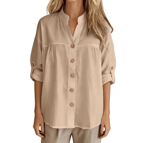 Vivianyo HD Women's Mandarin Collar Blouse, Oversized Split V Neck Roll Sleeve Button Front Shirt for Women, Spring Lightweight Woven Top for Casual Commute and Home Lounging, Sizes S-3XL