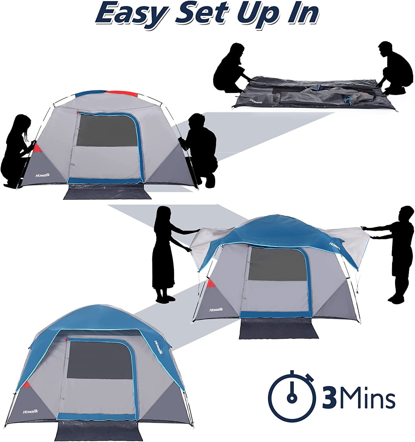 Lumiparty 4-6 Person Tent for Camping, Family Tent with Carry Bag, Easy Set up Instant Tents for Hiking Backpacking Traveling Outdoor, Gray & Blue