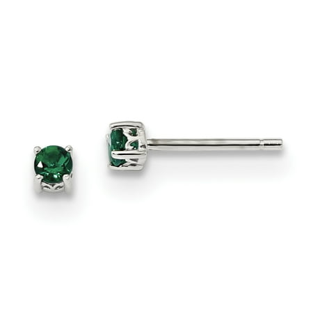 3mm Round 4 Prong - 925 Sterling Silver 3mm Round Created Green Emerald Post Stud Earrings Birthstone May Prong Set