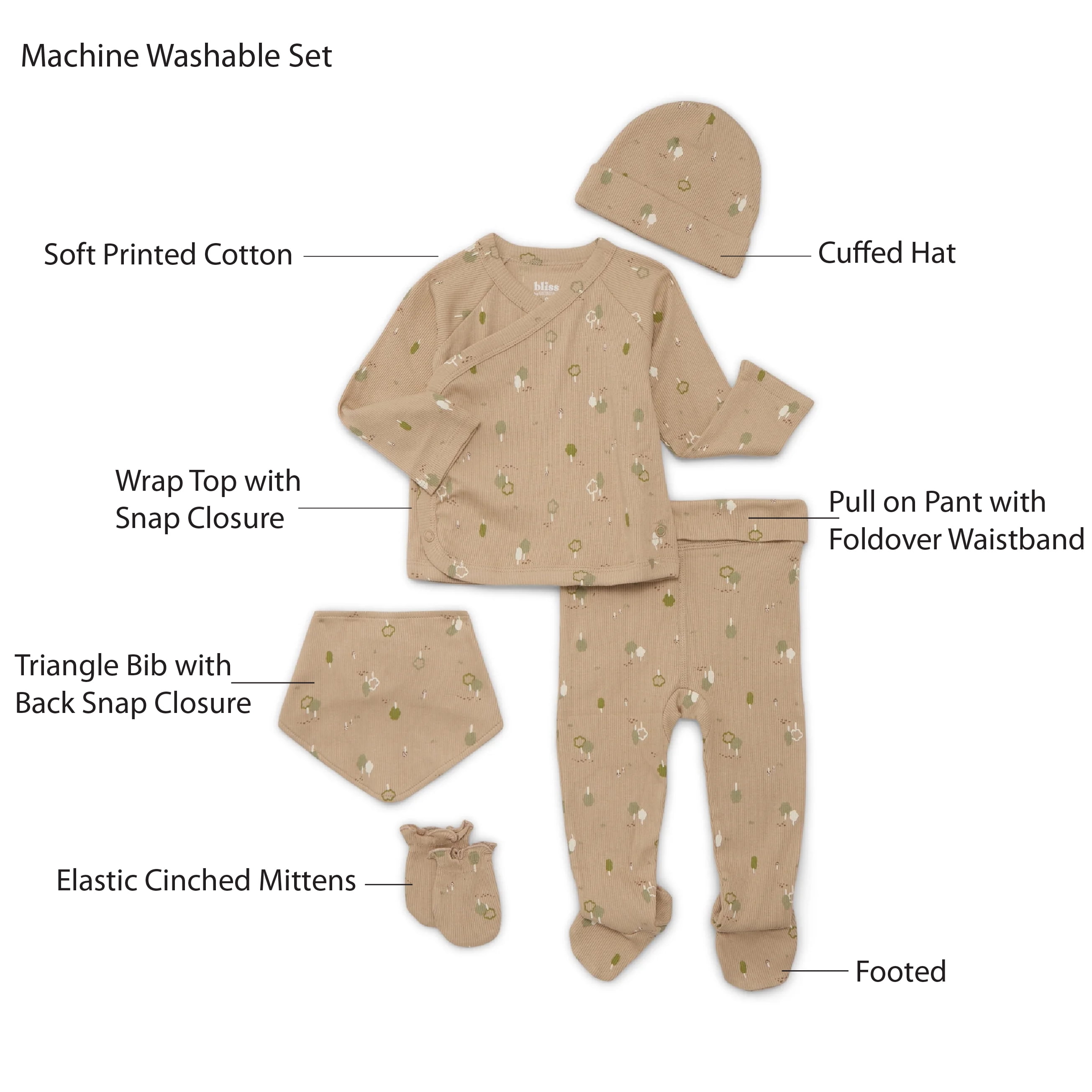 Bliss by Garanimals Baby Layette Pajama, 5-Piece Set, Sizes 0–9M