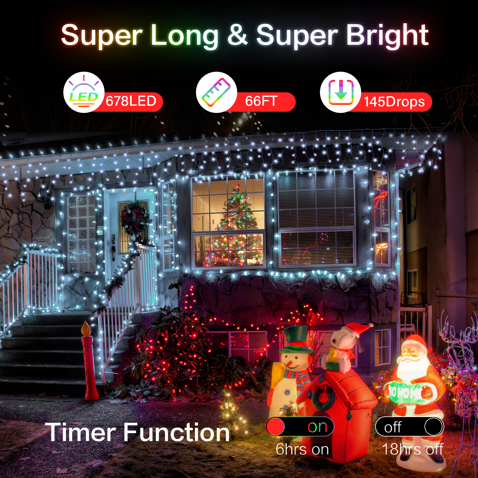 678LED Christmas Lights Outdoor, 66FT 8 Modes Icicle Lights for Outside 145 Drops Waterproof Icicle String Lights Plug in Connectable Hanging Lights for Outdoor Roof Indoor House Decor，Cool-White