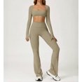 thumbnail image 3 of PISONIC Workout Sets for Women 2 Piece Square Neck Long Sleeve Crop Tops High Waist Flared Leggings Gym Sets, 3 of 12