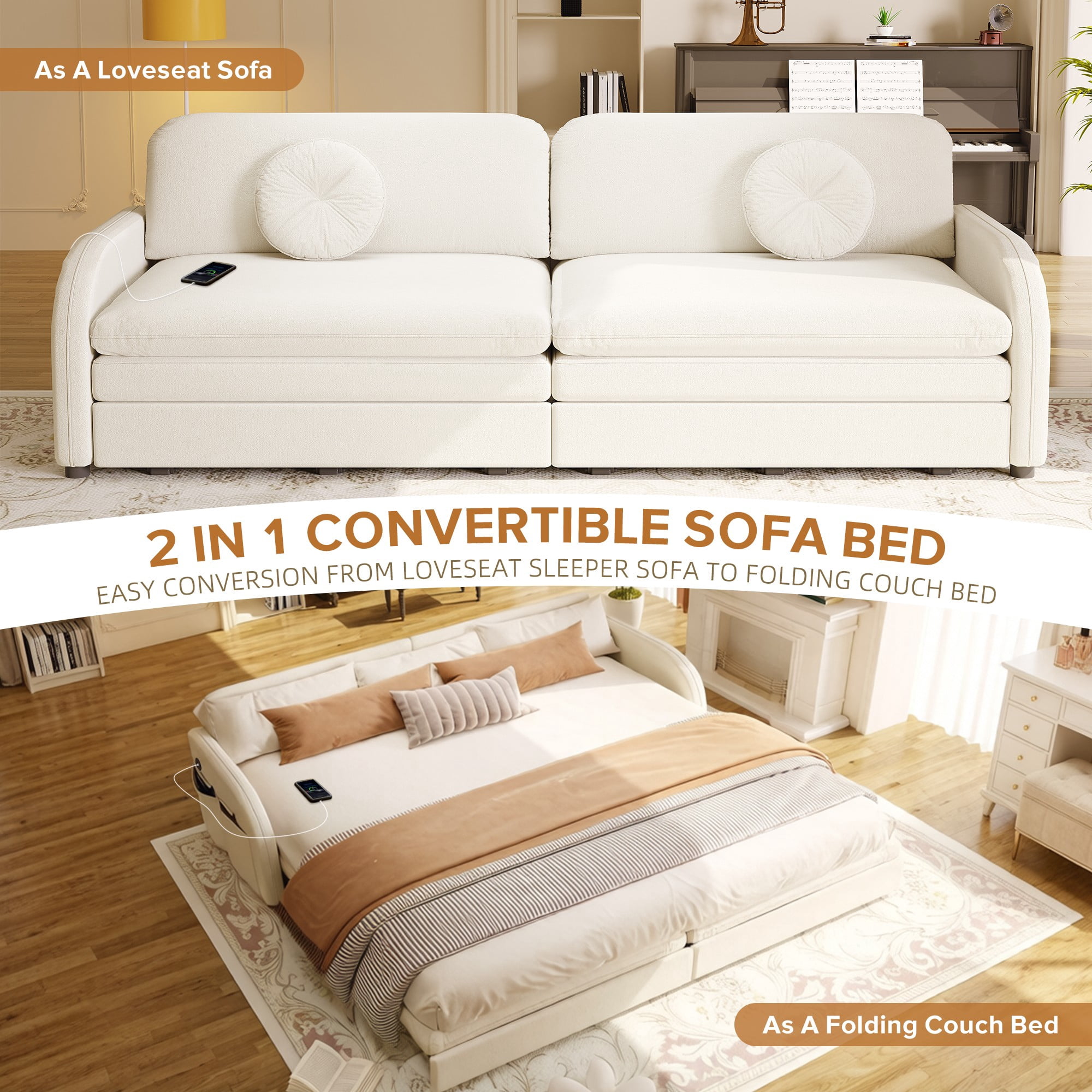 LLappuil King Size Pull Out Sofa Bed, Compact Loveseat Sofa Covertible Sofa Bed with USB Port, Side Pocket , Chenille Sofa Couch for Living Room Beige