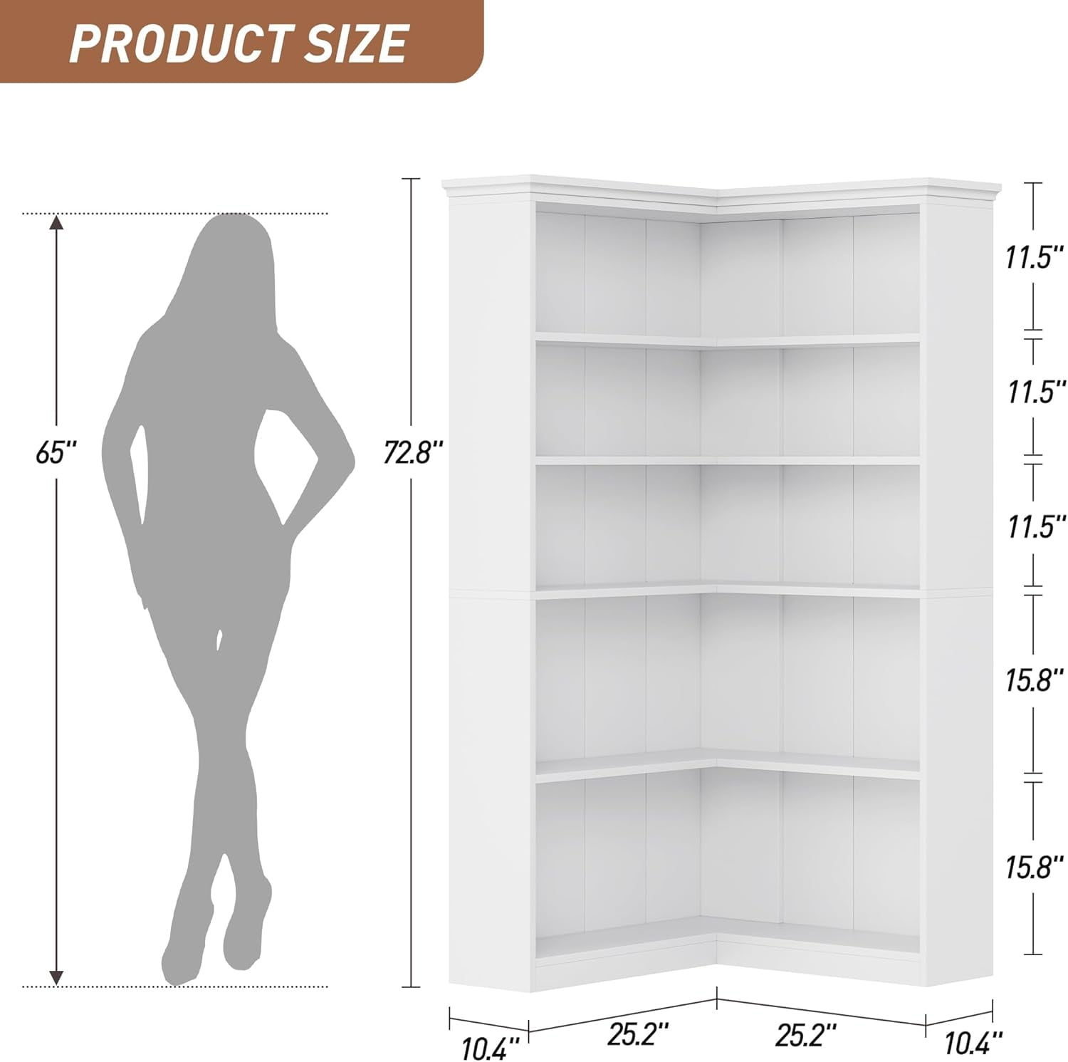NEILA Farmhouse Corner Bookshelf – 72.8” Tall L-Shaped Bookcase with 5 Tiers, Wood Display Rack for Office and Bedroom,Panel Design in White