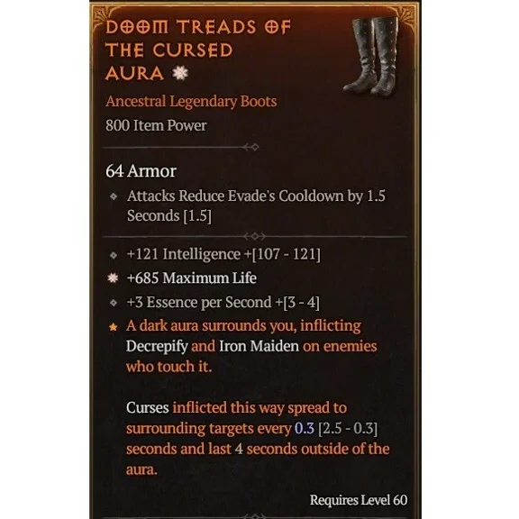 SIANA- Diablo 4 S8 Doom Treads Of The Cursed Aura 1Ga Legendary Boots Gear Equipment
