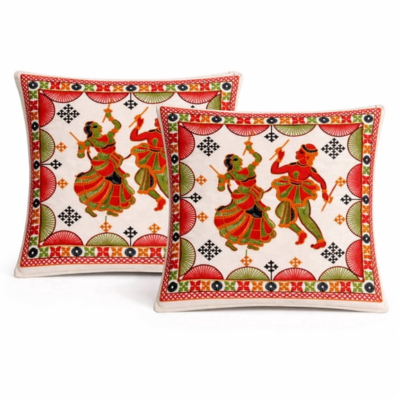 Traditional Folk Dance Embroidered Cushion Cover with Colorful Ethnic Design Decorative Throw Pillow Case for Living Room Bedroom 16X16