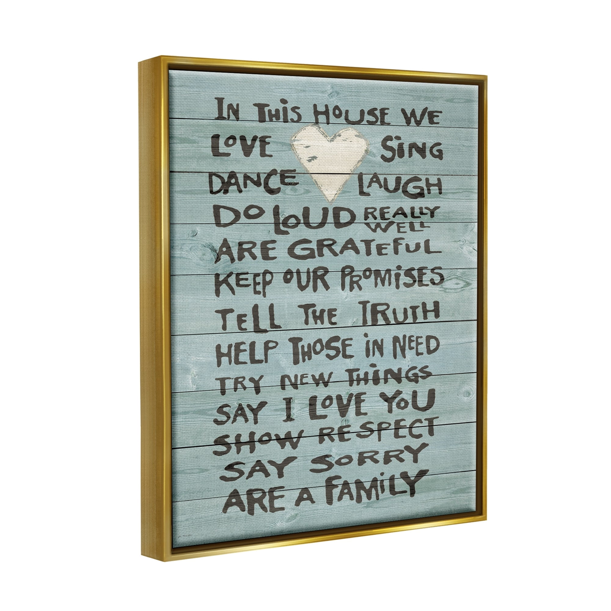 Stupell Industries In This House We Love Family Heart Rustic Wood Look Metallic Gold Framed Floating Canvas Wall Art, 24x30, by Jo Moulton