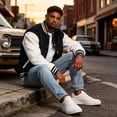 thumbnail image 4 of TOMVIGX Mens Fleece Varsity Jacket Classic Striped Rib Collar Button Up Jackets Color Block Baseball Coat Casual Outerwear Black L, 4 of 9