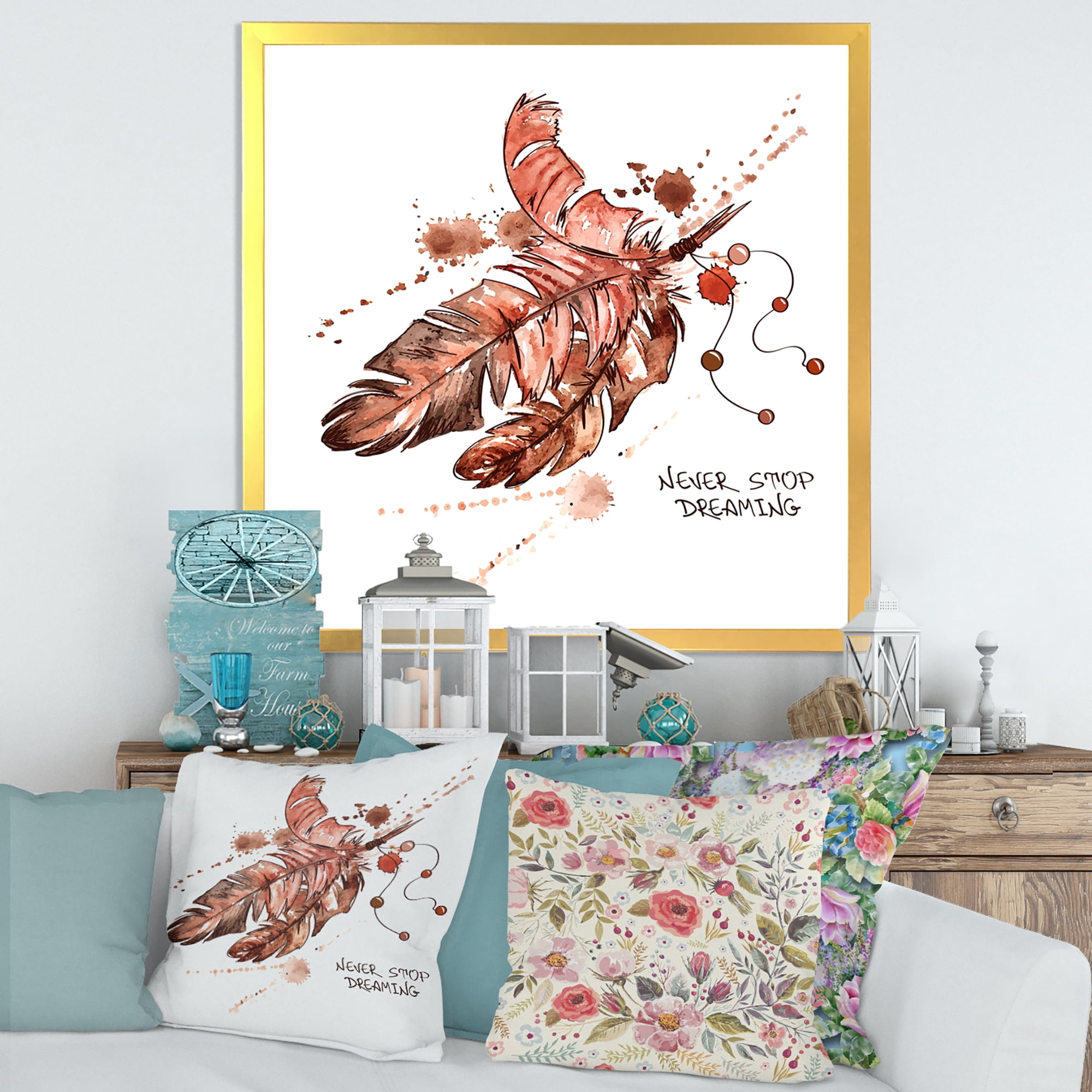 Designart 'Bird Feathers In Earth Tones Never Stop Dreaming' Bohemian & Eclectic Framed Art Print
