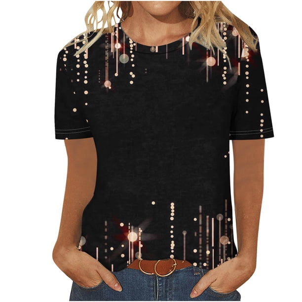 Fiudx Liquidación de Ofertas Flash Blusa de Manga Corta Estampada a La Moda para Mujer, Blusas Informales con Cuello Redondo