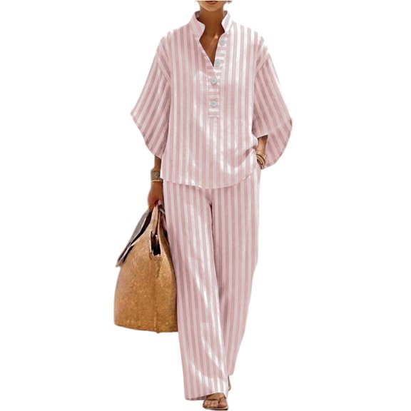Cotton Linen Sets for Women Batwing Sleeve Henley Shirt Wide Leg Pants Set Button Down Lounge Matching Sets for Vacation