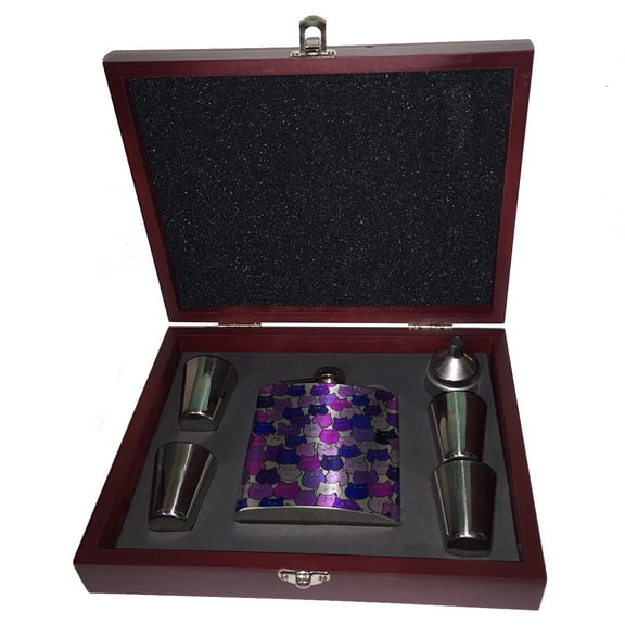 KuzmarK 6 oz. Stainless Steel Flask Set in Rose Wood Presentation Box -  Very Purple and Blue Tiny Chubby Kitties Art by Denise Every