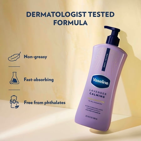 VASELINE LAVENDER CALMING LAVENDER CALMING BODY LOTION FOR DRY SKIN LOTION MADE WITH ULTRA-HYDRATING LIPIDS AND LAVENDER EXTRACT TO HEAL AND RESTORE DRY SKIN, 20.3 FL OZ