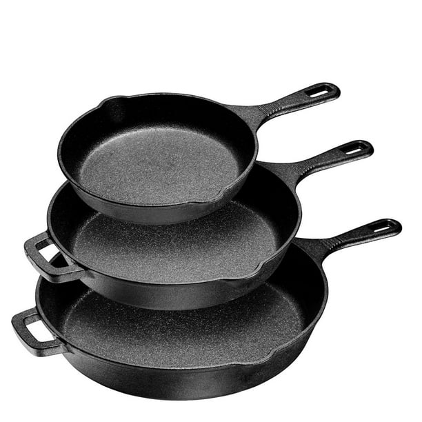 PreSeasoned Cast Iron 3 Piece Skillet Bundle. 12” + 10” + 8” Set of 3