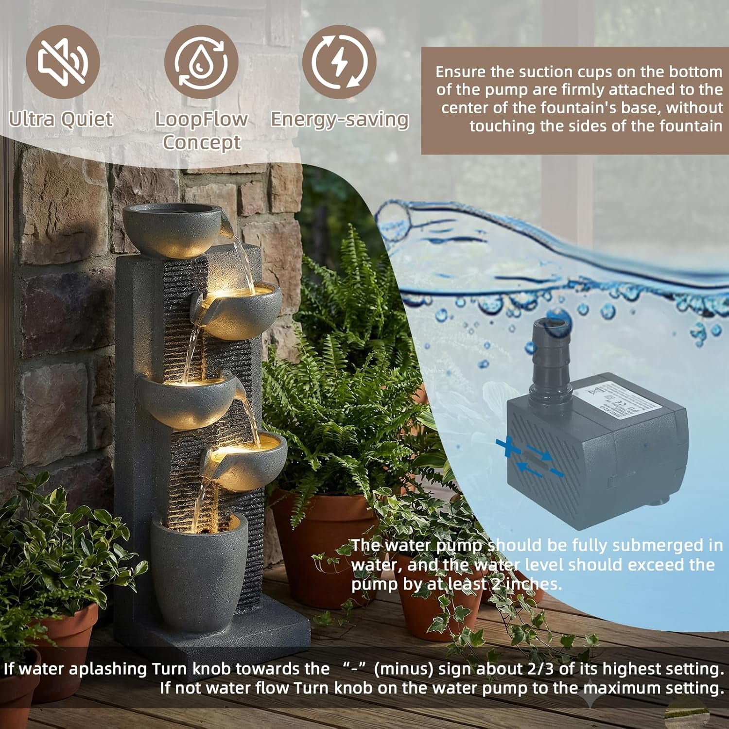 EPICOZY 23.3" Tall 5-Tier Cascading Bowl Outdoor Water Fountain, Modern Garden Waterfall Fountain with 4 LED Lights, Floor-Standing Resin Water Feature for Patio, Yard, Deck, House, Home Décor
