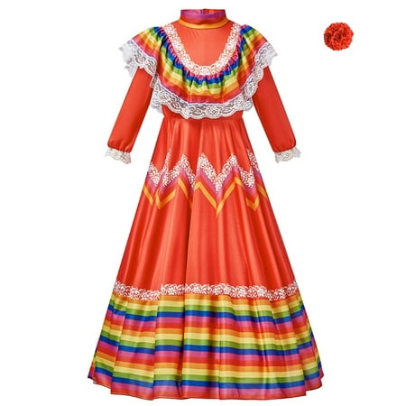 

Kids Child Girls Mexican Traditional Dress National Style Long Sleeve Dance Princess Dress With Headdress Flower Carnival Birthday Party Dress Girl Outfits