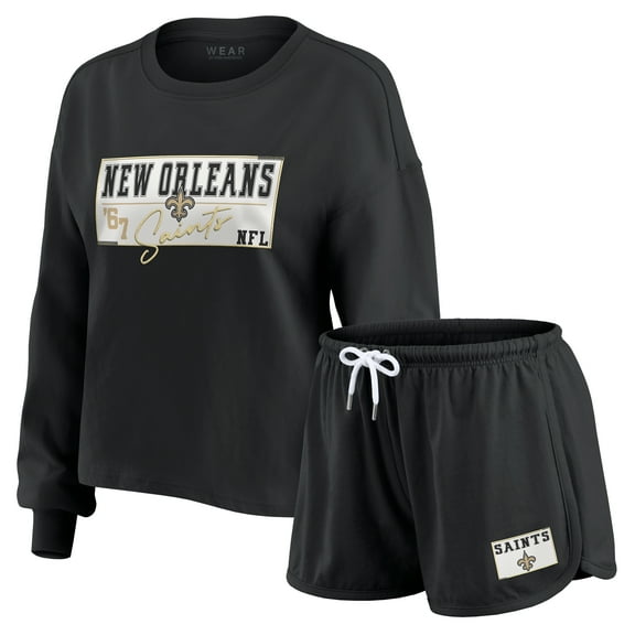 Women's WEAR by Erin Andrews Black New Orleans Saints Heavy Rugby Jersey Long Sleeve T-Shirt & Shorts Lounge Set