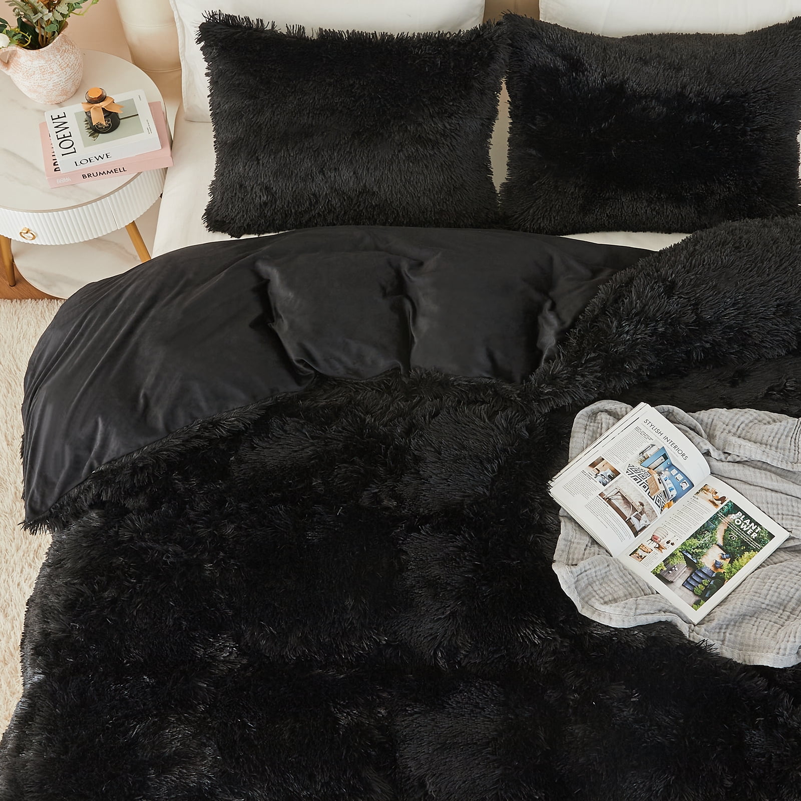 EMME Plush Fuzzy Twin Duvet Cover Set, Luxury Soft Faux Fur Velvet Fluffy Comforter Cover Set 2 Pieces Soft Warm and Durable, 1 Duvet Cover + 1 Pillow Case, Zipper Closure (Black,Twin)