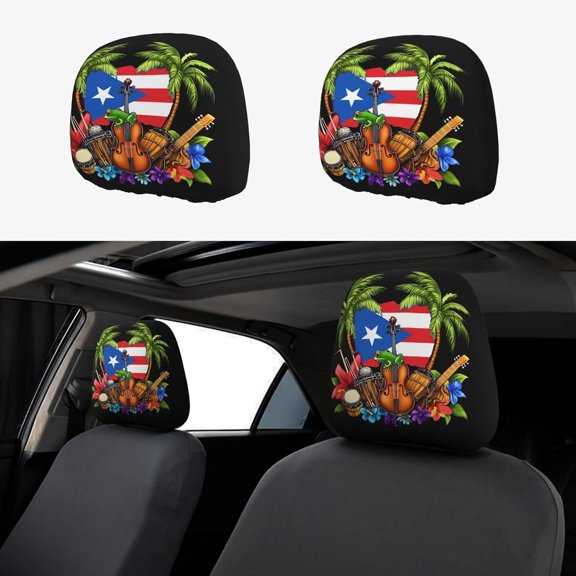 2 Pack Funny Puerto Rico Car Headrest Cover Elastic,Universal Car Seat Head Rest Cover Protector,Interior Front & Rear Seat Headrest Pads Decor for SUV Auto