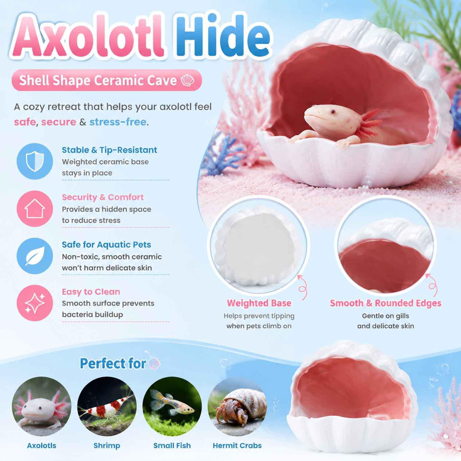 Extra Large Shell Shape Double Sided Glaze Axolotl Hide Ceramic Fish Tank Cave, Fish Tank Decor Shelter for Small Pet Frog Fish Betta