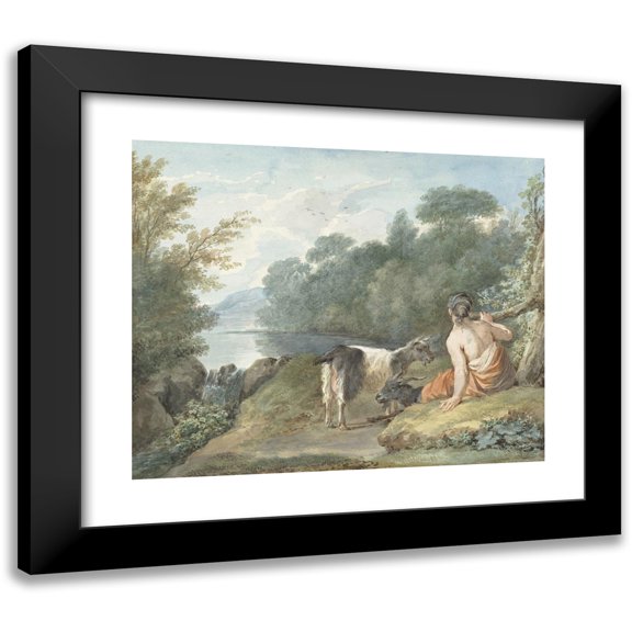 Aert Schouman 14x12 Black Modern Framed Museum Art Print Titled - Shepherdin with Goats in a Landscape with a Lake (1781)