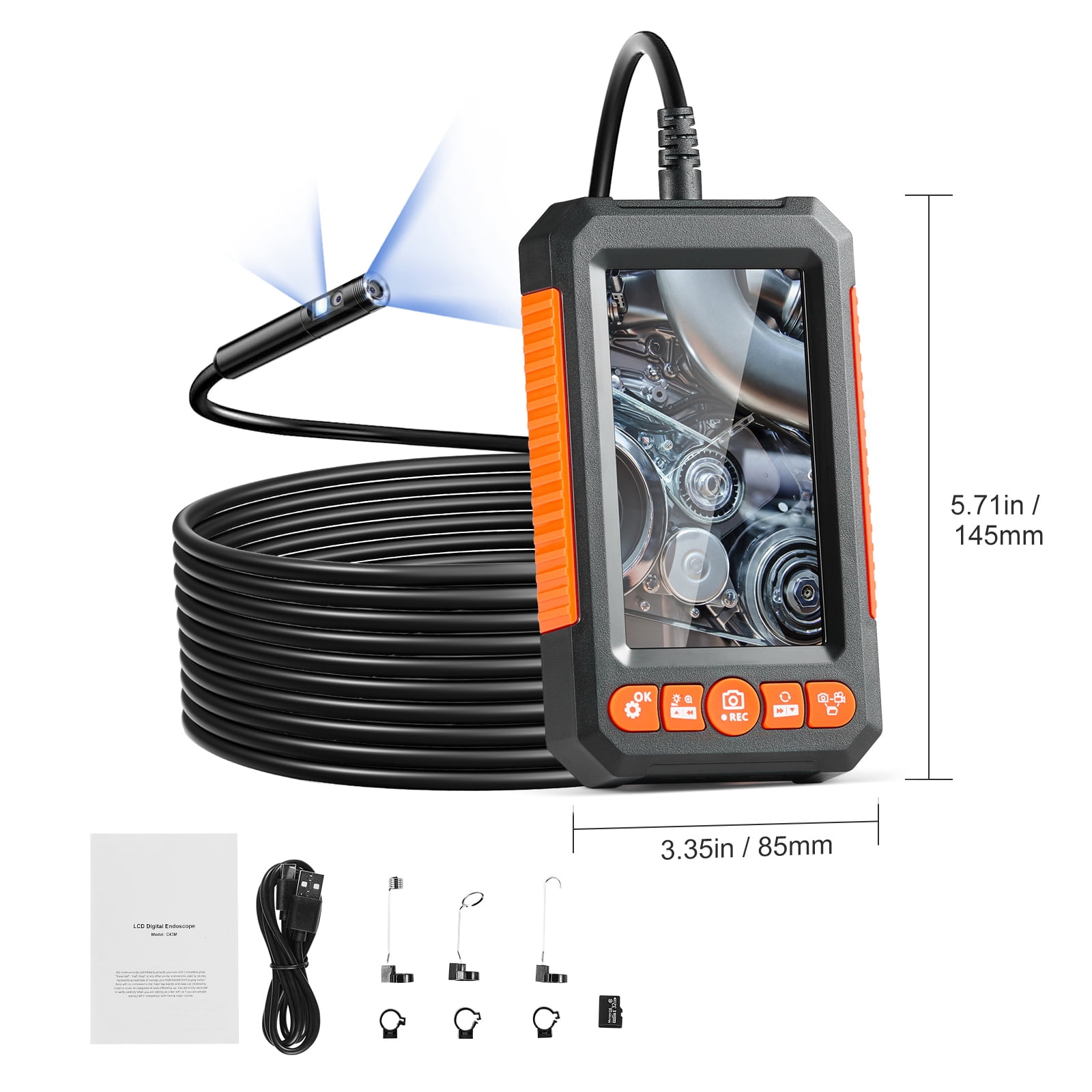 KFFKFF Endoscope Camera with Lights, featuring a 4.3" Display for 1080P Quality Imaging, 8+1 Illumination Options, 4X Magnification, and an IP67 Rated Waterproof Design.