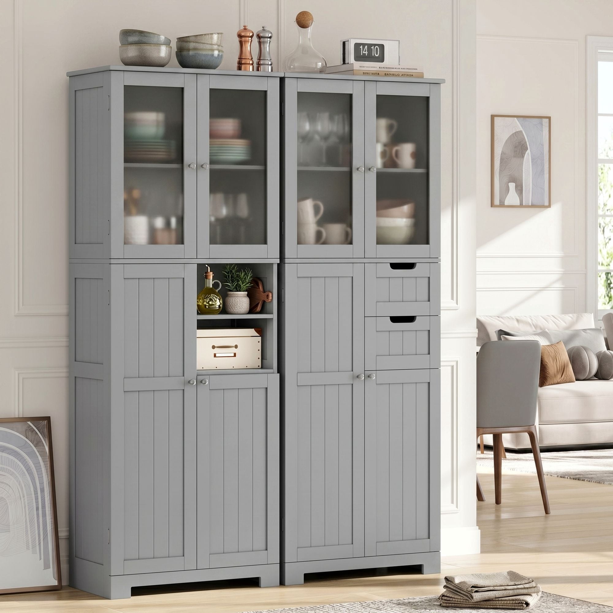 Homfa Kitchen Pantry Storage Cabinet, 67" Pantry Cabinet with Doors and Removable Drawers, Freestanding Cupboard for Dining Room, Gray