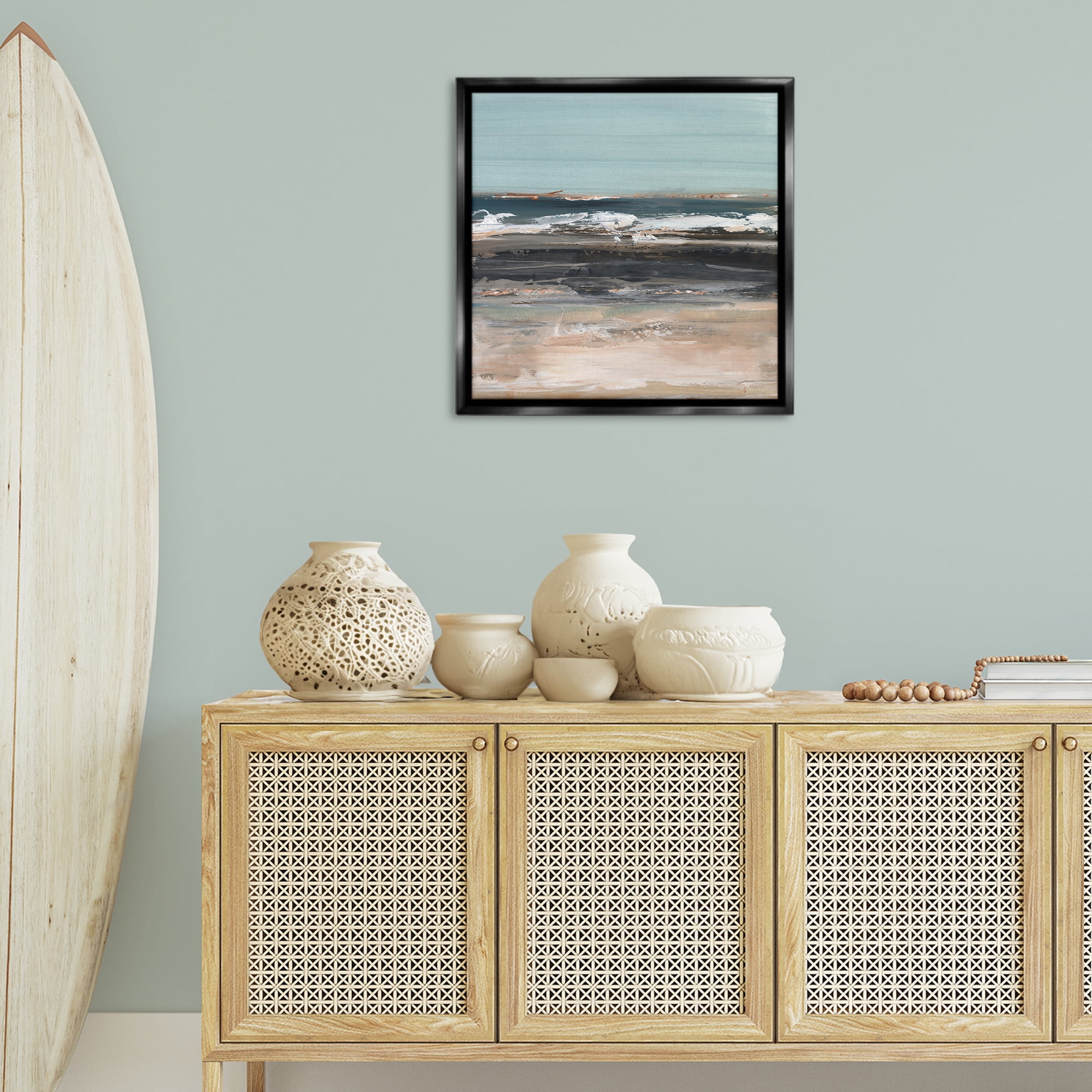 Stupell Industries Moody Grey Beach Waves Landscape & Nature Painting Black Floater Framed Canvas Art Print Wall Art, 25 x 25