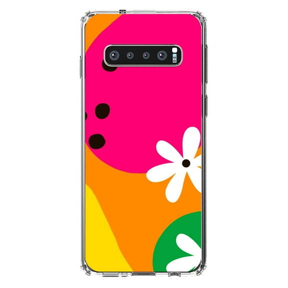 DistinctInk Clear Shockproof Hybrid Case for Samsung Galaxy S10 (6.1" Screen) - TPU Bumper, Acrylic Back, Tempered Glass Screen Protector - Summer Vibes Bold Flower Orange Pink Yellow
