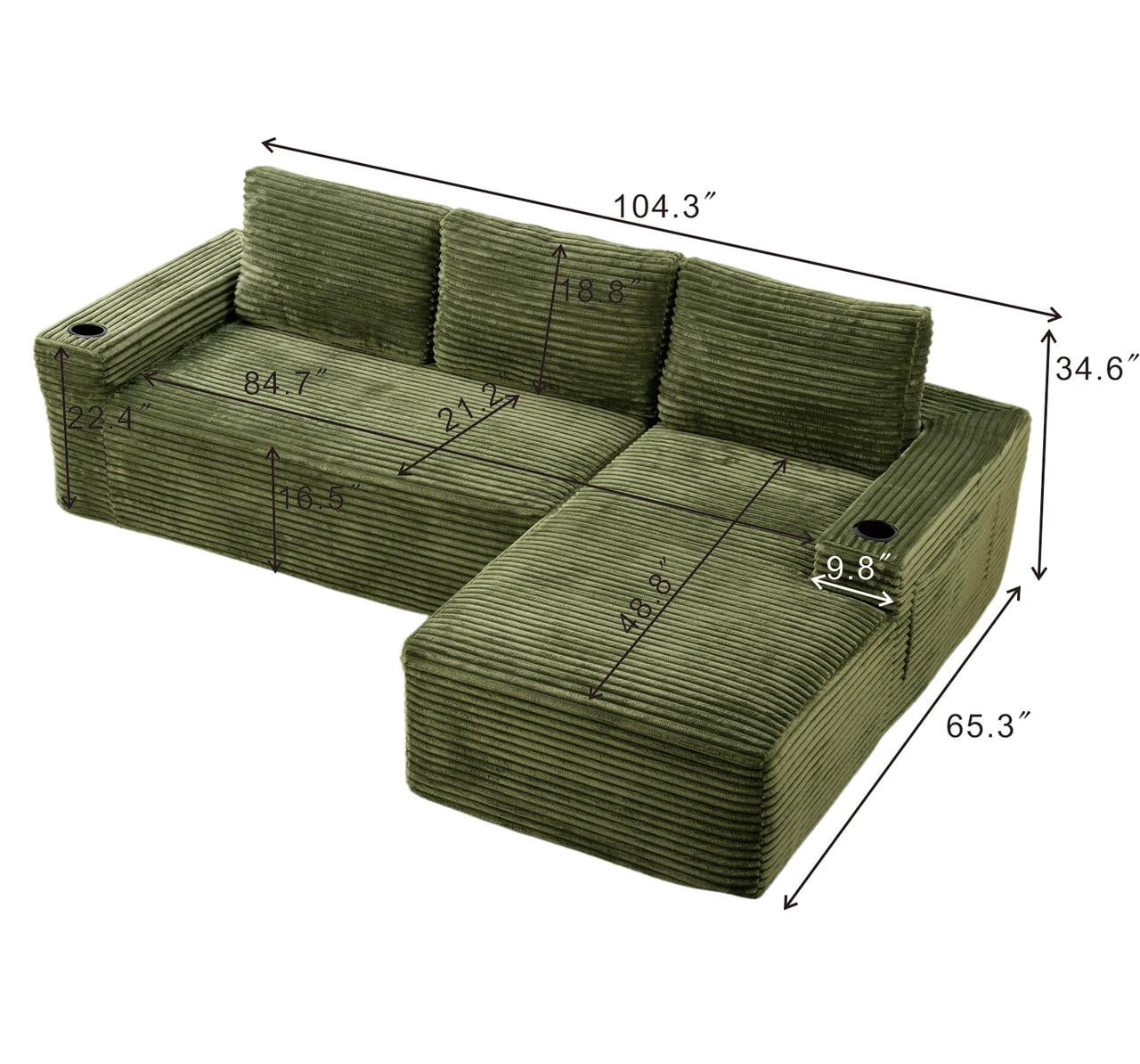AISWORD 104.3" L-Shaped Modular Sectional Sofa, Corduroy 4-Seater Cloud Couch with Cup Holders & Side Pockets, Boneless Upholstered Sofa, No Assembly, Green, Right-Facing Chaise