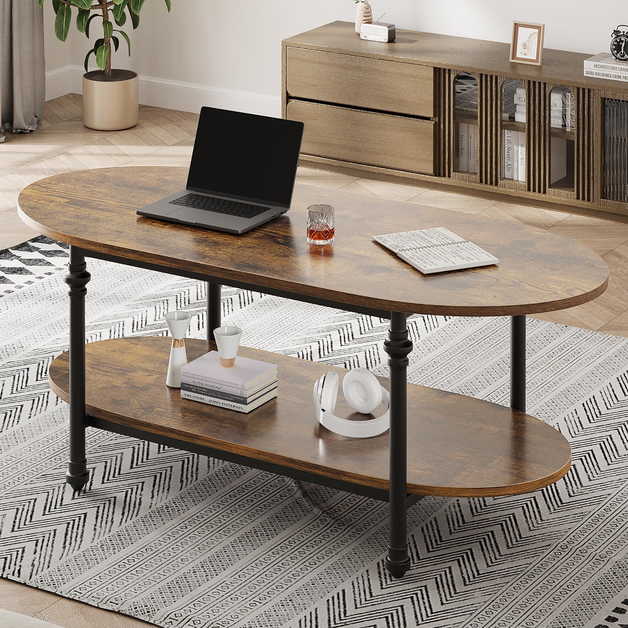 FOLDLIFE Oval Coffee Table with Storage, Low Storage Coffee Table,2 Tier Vintage Center Table for Living Room,Mid Century Coffee Table,Cocktail Table,Brown