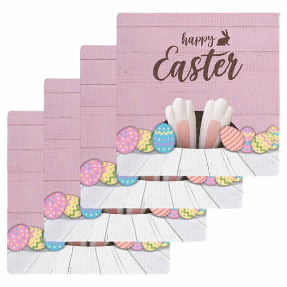 Happy Easter Kitchen Dish Towels for Drying Dishes Set of 4, Colorful Spring Eggs Pink Wooden Waffle Weave Microfiber Hand Tea Bathroom Towels Quick Dry & Absorbent Towel 12x12