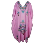 Mogul Bohemian Womens Kashmiri Maxi Caftan Floral Hand Embroidered Pink Cover Up Evening Dress