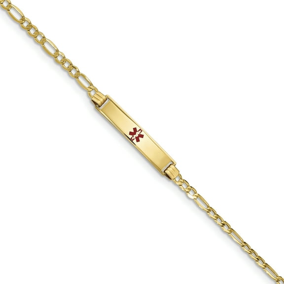Primal Gold 14 Karat Yellow Gold Semi-solid Medical Red Enamel Figaro ID Bracelet
