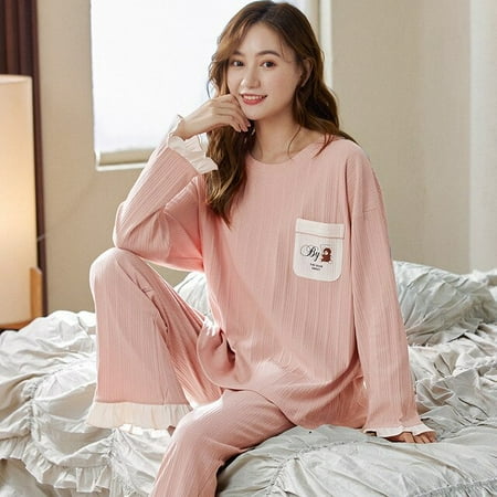 

CoCopeaunt Spring womens long-sleeved pants set of loungewear combed cotton cute cartoon can be worn outside pajamas sleepwear women
