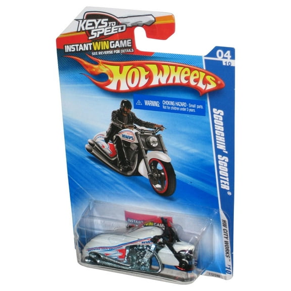 Hot Wheels HW City Works '10 White Scorchin' Scooter Toy Motorcycle Bike 112/240 - (Keys To Speed Card)