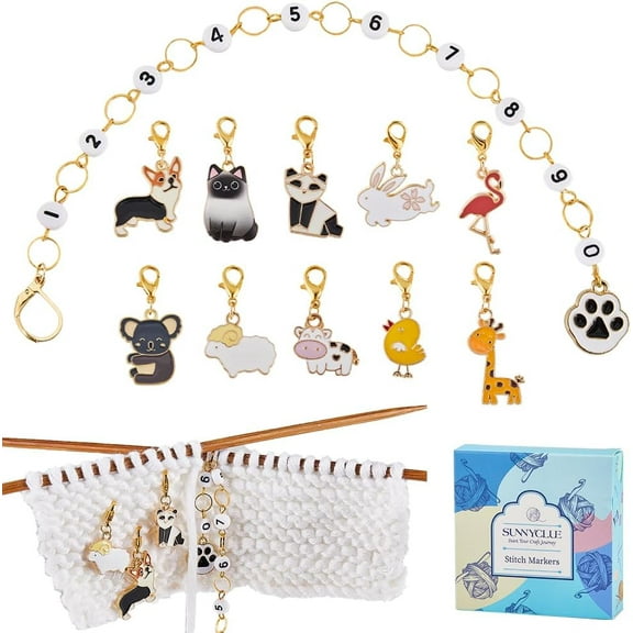 1 Box 11Pcs Knitting Stitch Markers Locking Knitting Marker Cartoon Animals Number 0-9 Knitting Row Counter Chains Enamel Crochet Stitch Marker Set for Knitting Weaving Sewing DIY Supplies