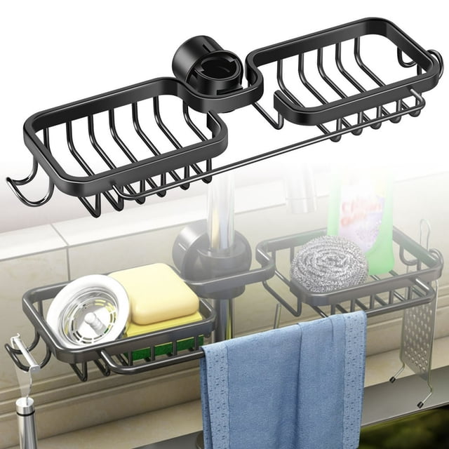 Faucet Sponge Holder for Kitchen Sink Detachable Metal Faucet Storage Rack with Hooks for Kitchen Bathroom