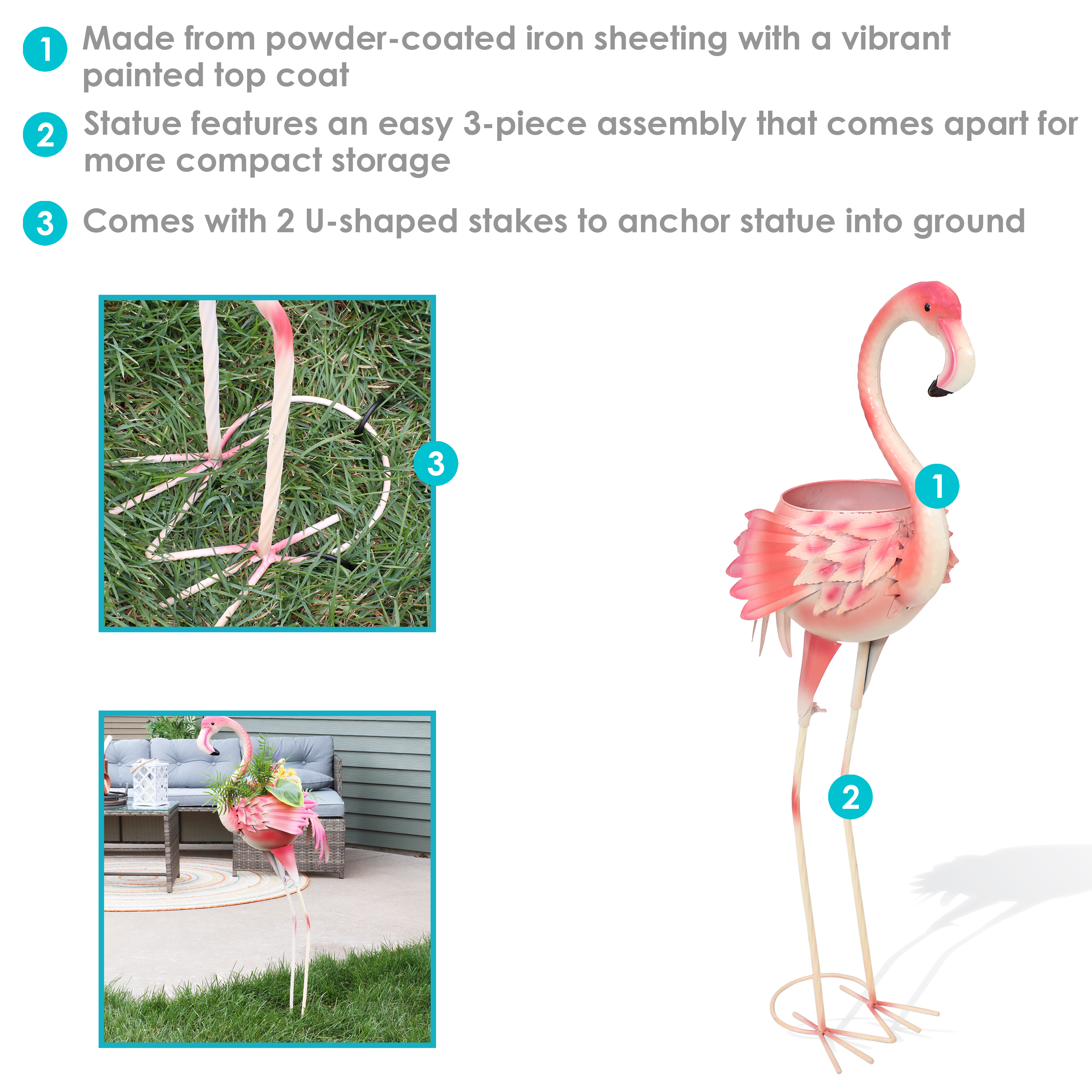 Sunnydaze Pink Flamingo Metal Outdoor Garden Statue with Flowerpot - image 5 of 11