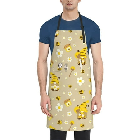 

Pofeuu Cute Bee Gnome 2 Print Waterproof Apron with Pockets Adjustable Cooking Aprons Kitchen Bib for Baking Household Cleaning