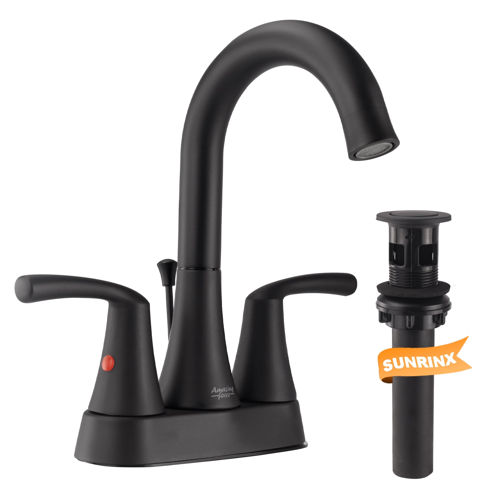 Sunrinx 4-Inch Bathroom Sink Faucet Matte Black 2 Handle Centerset High Arc Swivel Faucet