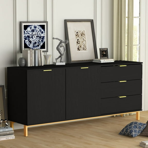 KULAGAGA Console Table with Storage and Drawers, Modern Wood Entryway Console Table with 2 Cabinet Doors, Black