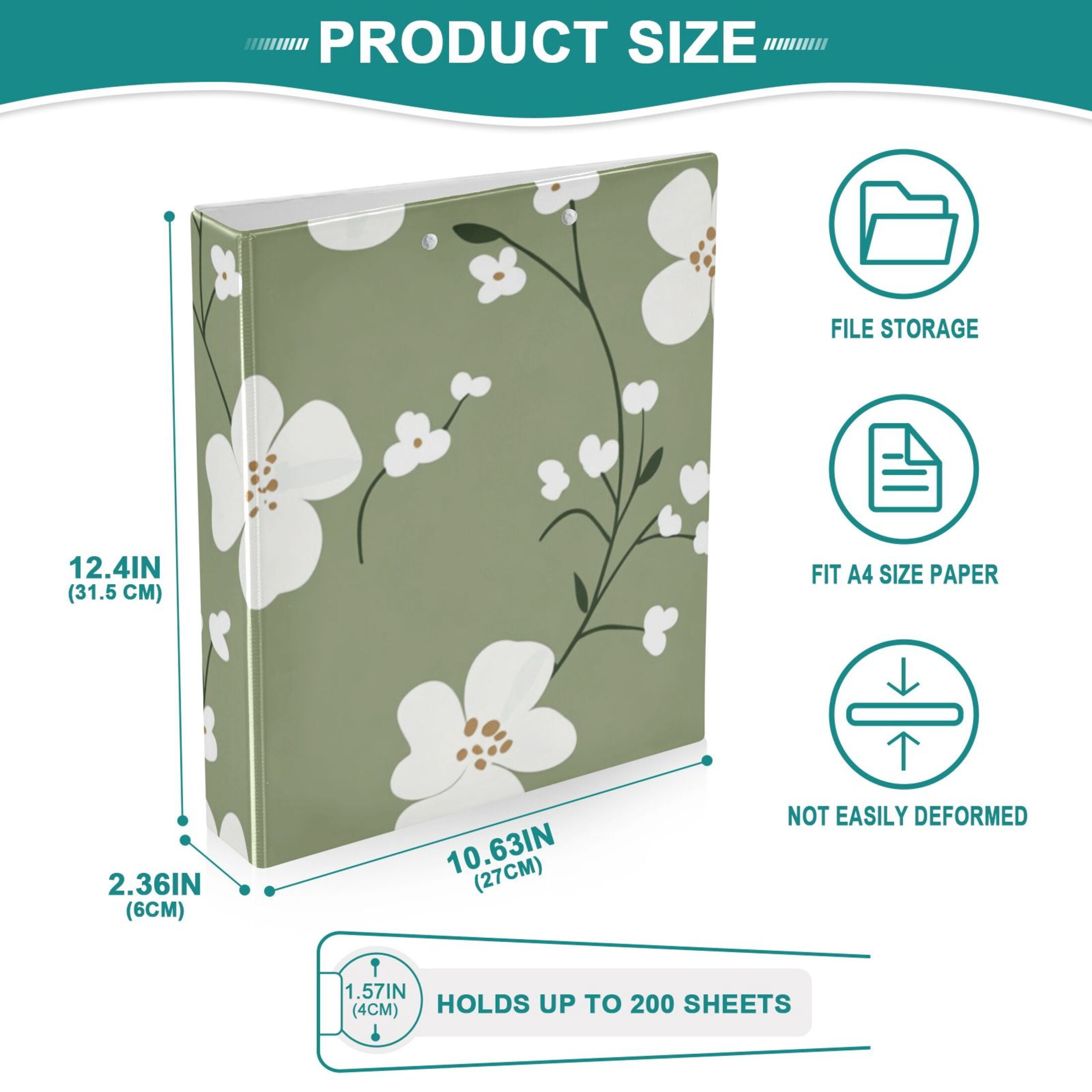 White Flowers in Green 3 Ring Binders 1.5 inch Hardcover File Folders with Interior Pockets A4 Size Organizer for School Office Hospital Set of 2