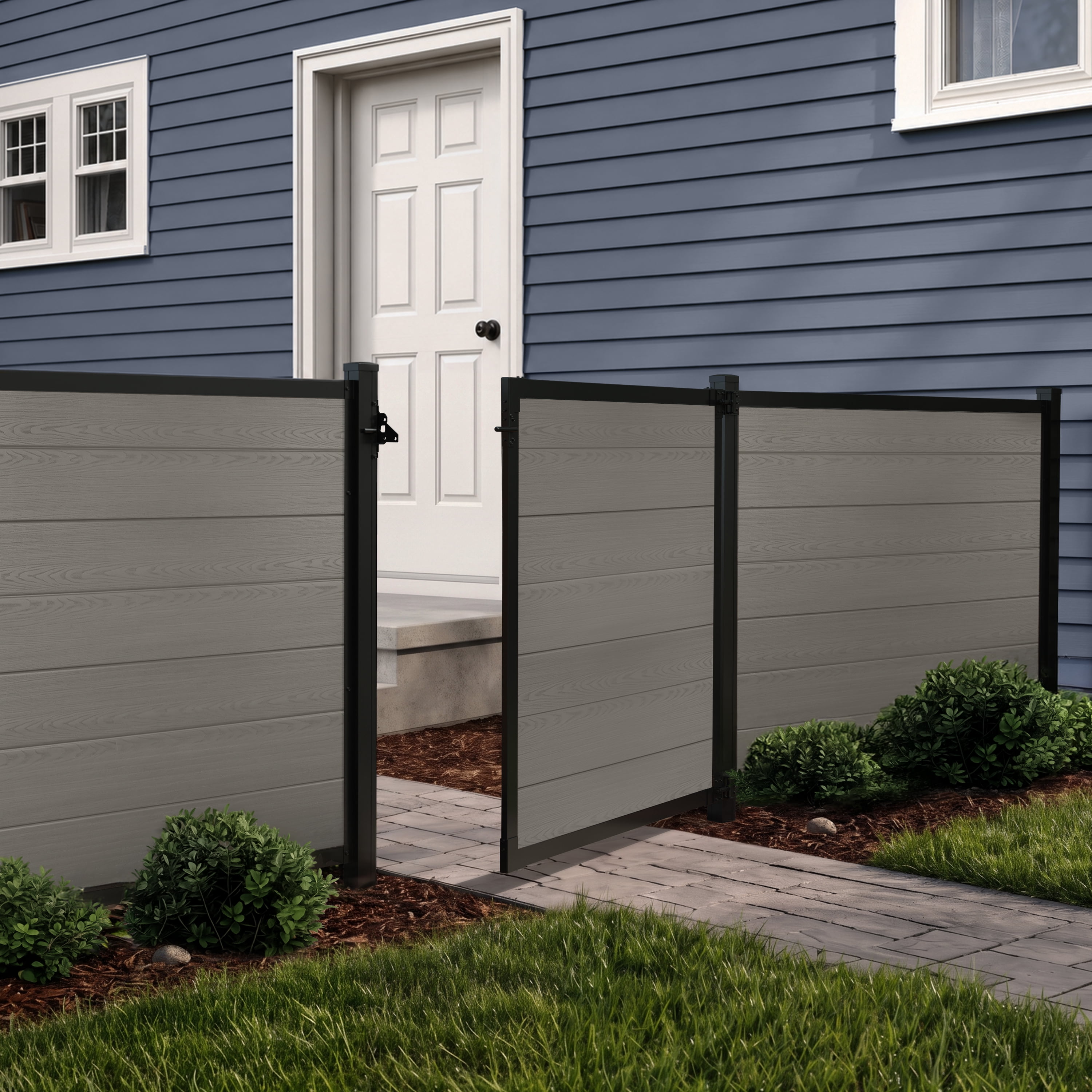 4ft H x 4ft W WamBam Privacy Fence Gate, Composite Fence Gate Kit with Aluminum Frame, Woodgrain Boards, No-Dig Install, UV Resistant Outdoor Gate for Backyard Patio or Pool, Slate Grey BL19119