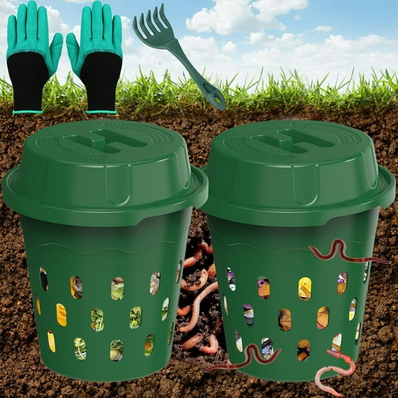 2-Pack Inground Worm Composter, Outdoor Worm Compost Bin for Garden Beds & Home Use, Vermicomposting Bin for Beginners (9.5x9.5x10.8Inch), Green