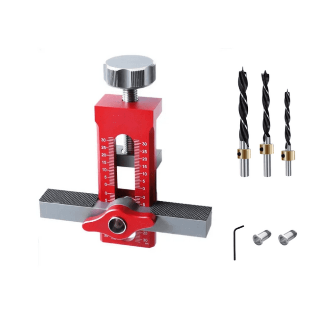 Professional Aluminum Cabinet Door Jig with Triple Drill Bits - Heavy Duty Adjustable Installation Tool for Precise Hinge & Handle Alignment (Red)